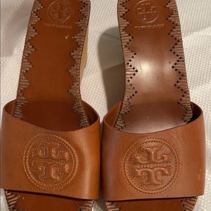 Tory Burch brown leather platform slides
